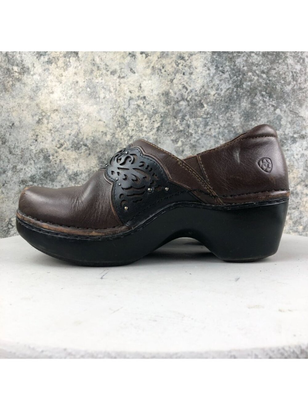 Ariat Women's Size 8B Tambour Hazelnut Brown Black Leather Slip On Urban Clogs - Picture 7 of 16